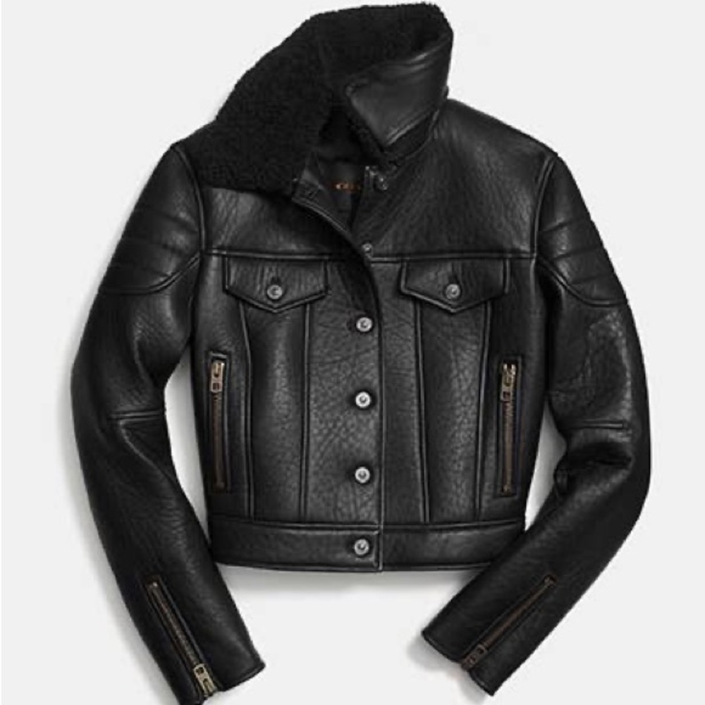 Coach Black Leather Shearling-Trim Jacket